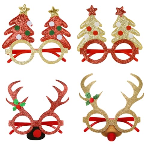 4pcs Weihnachtsbrille Lustig Weihnachten Brille Kinder Erwachsene Kreative Weihnachten Brille Rahmen Weihnachtsgeschenke Neuheit Weihnachten Foto Requisiten Lustige Party Glitzer Brillen von iSpchen