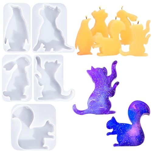 5pcs Katze Silikonform 3D Silikon Eichhörnchen Kerzenform DIY Pinguin Kerzengießform Kaninchen Kerzenherstellung Hund Silikon Formen DIY Kerzenformen Zum Gießen Weihnachten Deko Backformen von iSpchen