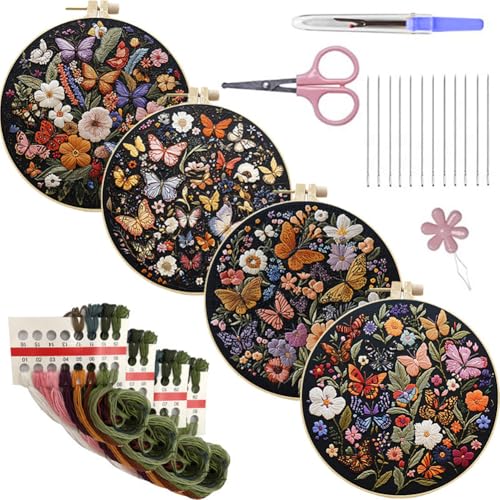 DIY Stickerei Starter Set für Erwachsene, Sticktuch mit Blumenmuster, Kunststoff Stickrahmen, Farbige Fäden und Nadeln, Anleitung, Embroidery Kit für Anfänger Dekorative Stickerei Geschenke von iSpchen