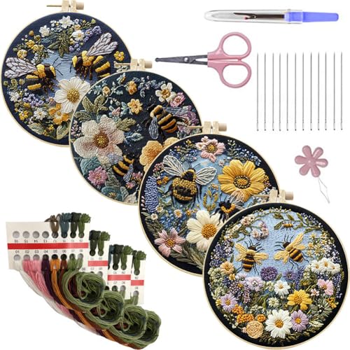 DIY Stickerei Starter Set für Erwachsene, Sticktuch mit Blumenmuster, Kunststoff Stickrahmen, Farbige Fäden und Nadeln, Anleitung, Embroidery Kit für Anfänger Dekorative Stickerei Geschenke von iSpchen