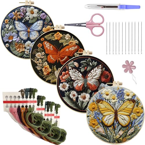 DIY Stickerei Starter Set für Erwachsene, Sticktuch mit Blumenmuster, Kunststoff Stickrahmen, Farbige Fäden und Nadeln, Anleitung, Embroidery Kit für Anfänger Dekorative Stickerei Geschenke von iSpchen