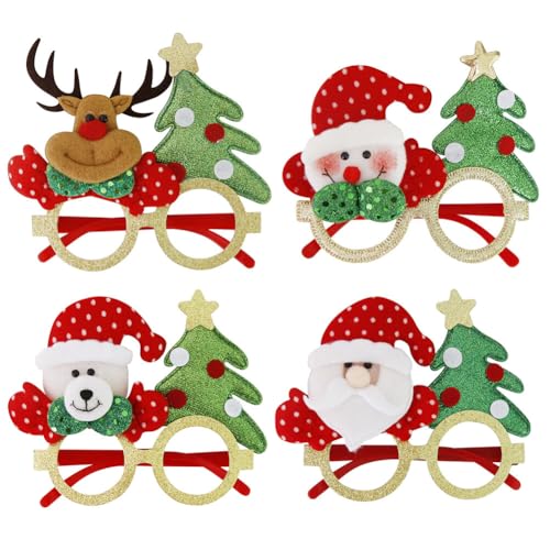 iSpchen 4 Stück Weihnachtsbrillen Weihnachten Brillengestell Party Gläser Rahmen Weihnachtsbaum Brillen Lustige Brille Costume Eyewear für Erwachsene und Kinder,#02 von iSpchen