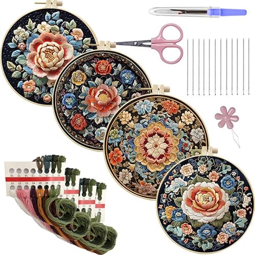 iSpchen Stickerei Anfänger Kit, Kreuzstich Set Stickerei Tuch mit Pflanzen Blumenmuster Anfänger Diy Stickerei Material Set DIY Sticktuch Handstickset Stickerei Praxis Zubehör für DIY Kunst Handwerk von iSpchen