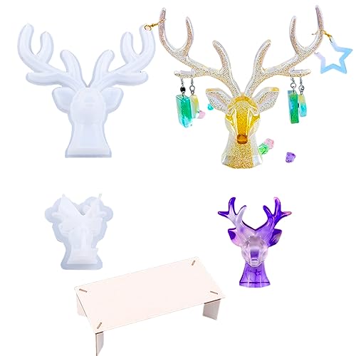 iSuperb 2 PCS 3D Hirsch Silikonform Epoxidharz mit Holz Support Board Hirschständer Silikon Formen Elk and Antlers Jewelry Organizer Gießformen aus Epoxidharz für DIY Home Deco von iSuperb