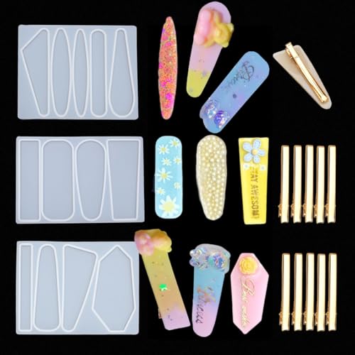 iSuperb 3 Stück Haarspange Silikonharz Formen, mit 10 PCS Schmuckform Set DIY Perle Haarnadel Epoxidharz Gussform für Mädchen Frauen Haarspangen, Anhänger, Schlüsselbund (mit 10 Haarnadelzubehör) von iSuperb