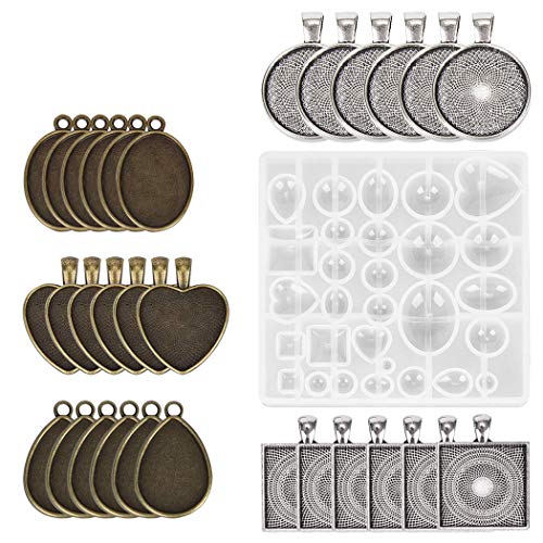 iSuperb 30 Stück Anhänger Tabletts Set Rund & Quadratisch & Herz & Tropfen & Oval Mini Metall Cabochon Lünette DIY Schmuck Geschenk und 1 Stück Harz-Silikonform (Tablett) von iSuperb