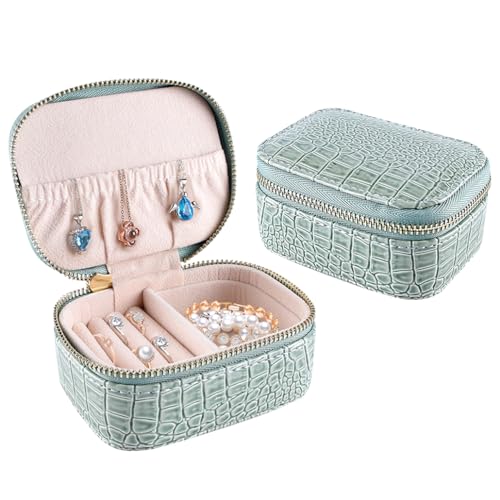 iSuperb Schmuckkästchen Reise, Kleine Schmuckschatulle für Damen, PU Leder Schmucketui Schmuckbox Mini Jewelry Box Aufbewahrungsbox für Ringe Ohrringe Halskette Geschenk, Grün von iSuperb