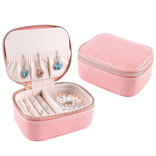 iSuperb Schmuckkästchen Reise, Kleine Schmuckschatulle für Damen, PU Leder Schmucketui Schmuckbox Mini Jewelry Box Aufbewahrungsbox für Ringe Ohrringe Halskette Geschenk, Rosa von iSuperb