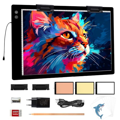 Wiederaufladbares A2 leuchttisch,3-Farben-Lichteinstellung, diamond painting Lichtplatten, 6-stufige/stufenlos einstellbare Helligkeit,große light pad mit 2 Clips zum Zeichnen,Skizzieren,Animationen von iVAOOZE