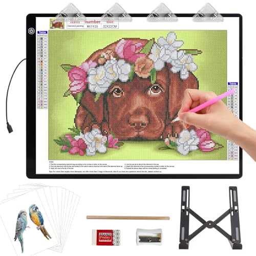 Leuchttisch A4,36×27CM Leuchtplatte mit Ständer und Clips,Ultra-Thin diamond painting leuchttisch,Super hell lightbox für Zeichnen, Nachzeichnen, Skizzieren.Einstellbare Helligkeit light pad von iVAOOZE