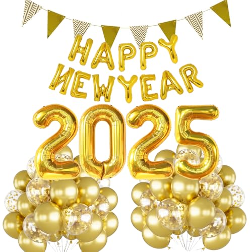 Happy New Year Deko 2025, Silvester Dekoration 2025, Deko Silvester Party 2025, Happy New Year 2025 Folienballon Banner, Gold Konfetti Luftballons für Silvesterpartydeko Neujahrsdeko Accessoire von iWheat