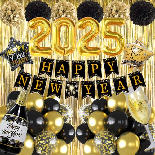 Happy New Year Dekorationen 2025, Silvester Party Supplies mit Happy New Year Banner, 2025 Luftballons, Folienfransenvorhang, Champagnerballons, Pompons, Konfetti-Ballons für 2025 Neujahrsparty von iWheat