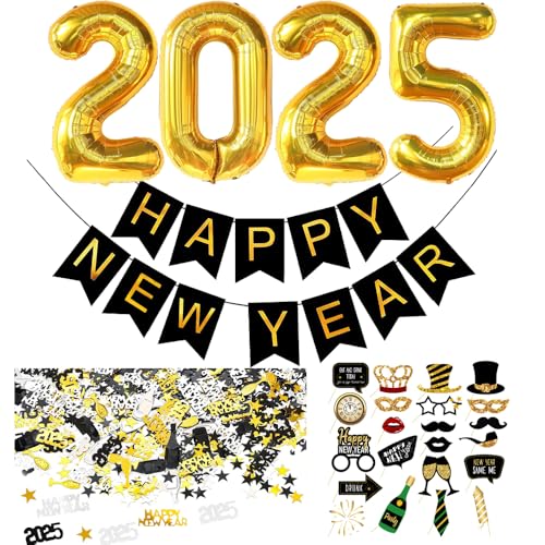 Silvester Deko 2025, Neujahr 2025 Dekorationen, Schwarz Gold Neujahr Dekoration Set mit Happy New Year Girlande, Zahlen 2025 Folienballon, Fotorequisiten, 2025 Silvester Dekoration Partyzubehör von iWheat