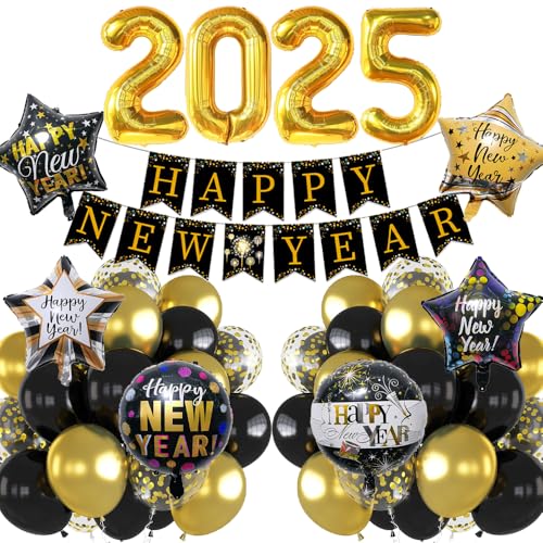 Silvester Deko 2025 Dekoration Set, Neujahr Silvesterdeko, Happy New Year Girlande, Schwarz Gold Luftballons Konfetti Ballons 2025 Zahlen Folienballon für Neujahr Deko Silvester Party Deko 2025 von iWheat