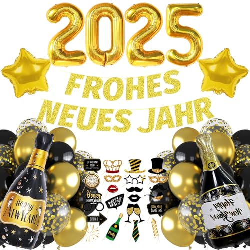 Silvester Deko 2025 XXL, Neujahr Partydeko, Gold FROHES NEUES JAHR Girlande, 2025 Folienballon, Fotorequisiten, Weinflaschen Folienballons, Konfetti Luftballons für Silvester Neujahr 2025 Party Deko von iWheat