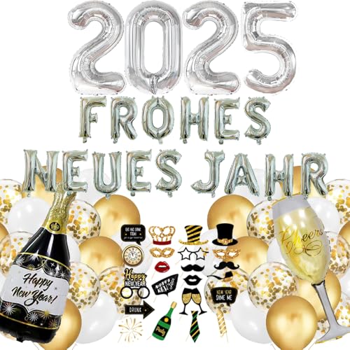 Silvester Deko 2025 XXL, Neujahr Partydeko, Silber FROHES NEUES JAHR Girlande, 2025 Folienballon, Fotorequisiten, Champagner, Weinglas, Konfetti Luftballons für Silvester Neujahr 2025 Party Deko von iWheat