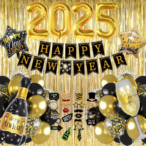 Silvester Deko Party 2025, Deko Silvester Party 2025, Schwarz Gold Neujahr Dekoration Set mit Happy New Year Deko Girlande, 2025 Folienballons, Fotorequisiten, Regenvorhang für Neujahr Deko 2025 von iWheat