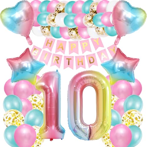 iWheat Luftballon 10. Geburtstag Rosa, Deko 10. Geburtstag Mädchen, Geburtstagsdeko 10 Jahre Mädchen, Riesen Folienballon Zahl 10, Happy Birthday Banner Bunt Folienballon Zahl 10 für Kinder Mädchen von iWheat