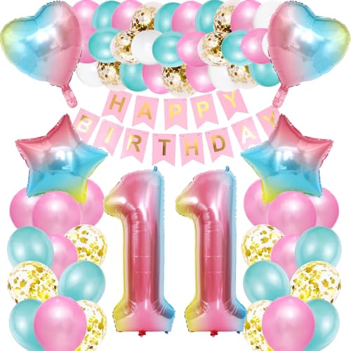 iWheat Luftballon 11. Geburtstag Rosa, Deko 11. Geburtstag Mädchen, Geburtstagsdeko 11 Jahre Mädchen, Riesen Folienballon Zahl 11, Happy Birthday Banner Bunt Folienballon Zahl 11 für Kinder Mädchen von iWheat