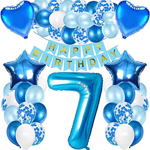iWheat Luftballon 7. Geburtstag Blau, Deko 7. Geburtstag Junge, Geburtstagsdeko 7 Jahr Junge, Riesen Folienballon Zahl 7, Happy Birthday Banner Folienballon Zahl 7 für Kinder Junge von iWheat