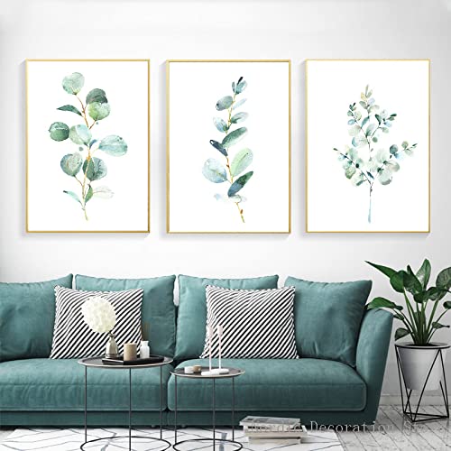 Eukalyptus-Wand Bilder Aquarell grünes Blumenblatt Poster und Kunstdrucke botanisches Grün Blätter Leinwand Gemälde Bilder Wohnkultur 30 x 50 cm x 3 ungerahmt von iYoucase