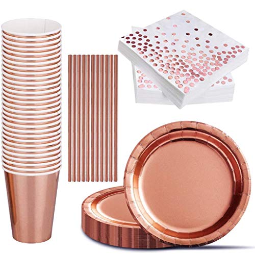 iZoeL 120 STK Rosegold Partygeschirr Set Pappteller Servietten Partybecher Papier Strohhalme je 30Stück für Geburtstag Hochzeit Party Tafeldeko von iZoeL