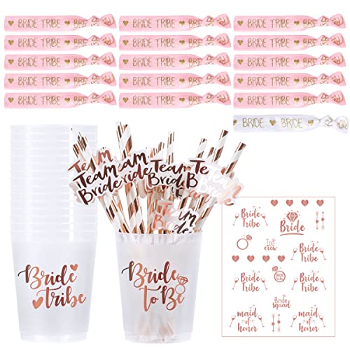 iZoeL 16Set JGA Becher Bride Tribe Cups/Team Bride Strohhalme/JGA Armbänder/JGA Bride To be Tattoo, Junggesellenabschied Frauen Deko Rose Gold von iZoeL