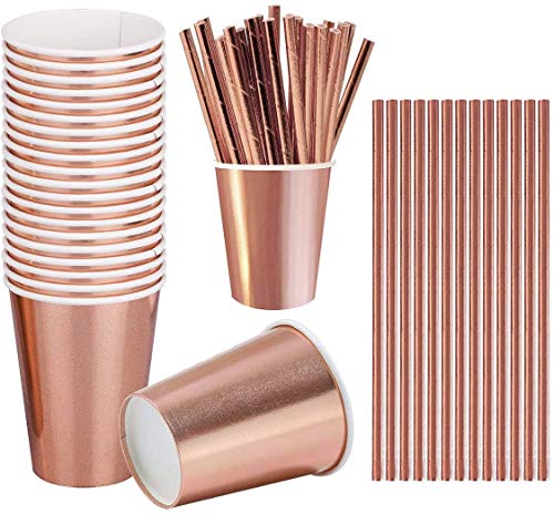 iZoeL 60 Party Cups 9oz (ca 266 ml) Roségold und 60 Strohhalme Einwegpapier Partybecher Geschirr Einwegbecher Party Geschirr Set für Kindergeburtstagsfeiern von iZoeL