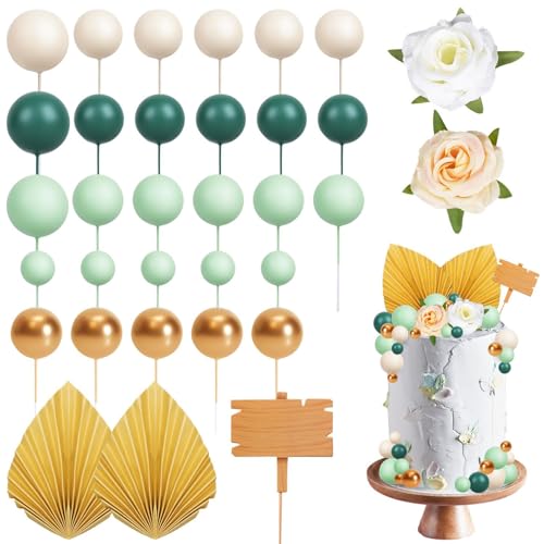 iZoeL Boho Tortendeko Kuchendeko Tortendeko Kugeln Palmblätter Blumen Happy Birthday Holzsdeko Mini Ball Cake Topper für Geburtstag Hochzeit Baby shower Babyparty von iZoeL