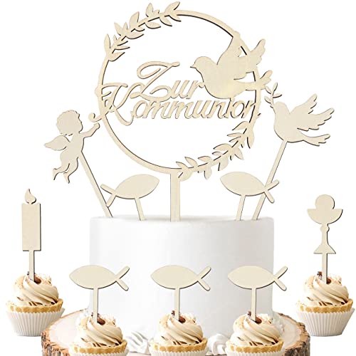 iZoeL Tortendeko Kommunion Holz Kuchendeko Cake Topper Taube Fisch Konfirmation Torten Topper Junge Mädchen, Meine Erstkommunion Kuchendeko - Cake Topper Taufe Erinnerung Kommunion（10 Stück） von iZoeL