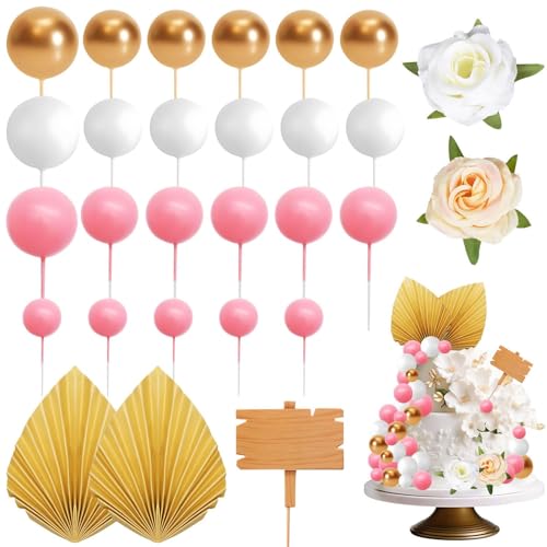 iZoeL Boho Tortendeko Kuchendeko Tortendeko Kugeln Palmblätter Blumen Happy Birthday Holzsdeko Mini Ball Cake Topper für Geburtstag Hochzeit Baby shower Babyparty von iZoeL