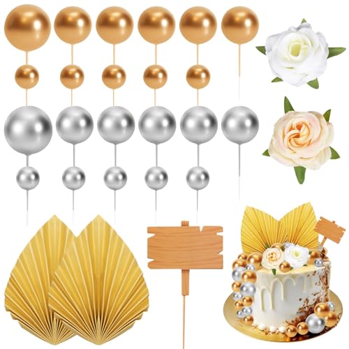 iZoeL Boho Tortendeko Kuchendeko Tortendeko Kugeln Palmblätter Blumen Happy Birthday Holzsdeko Mini Ball Cake Topper für Geburtstag Hochzeit Baby shower Babyparty von iZoeL