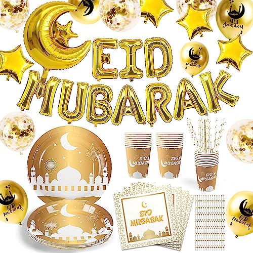 iZoeL Eid Mubarak Dekoration, Eid Partydeko Partygeschirr Partyteller Becher Strohhalme Eid Mubarak Girlande Luftballons Mond-Sterne Folienballon mit Eid Mubarak Karten von iZoeL