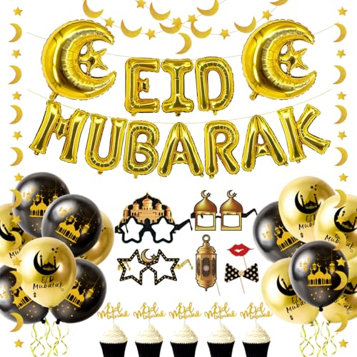 iZoeL Eid Mubarak Dekoration Gold, Eid Mubarak Folienballon Girlande, Mond Sterne Banner; Party Fotorequisiten, Mond Stern Folienballon, Eid Ramadan Luftballon, Eid Mubarak Cake Topper Tischdeko von iZoeL