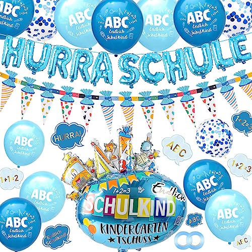 iZoeL Einschulung Deko Junge HURRA SCHULKIND Girlande + Zuckertüten Girlande + SCHULKIND Folienballon + 15 Luftballon + 14 Deko Konfetti Schulanfang Deko Einschulungsdeko von iZoeL