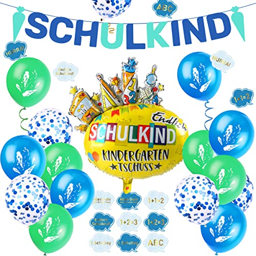 iZoeL Einschulung Deko Jungen SCHULKIND Zuckertüte Girlande + Einschulung Folienballon + 15 Schulanfang Luftballon + 14 Deko Konfetti Schuleinführung Einschulungsfeier Dekoration von iZoeL