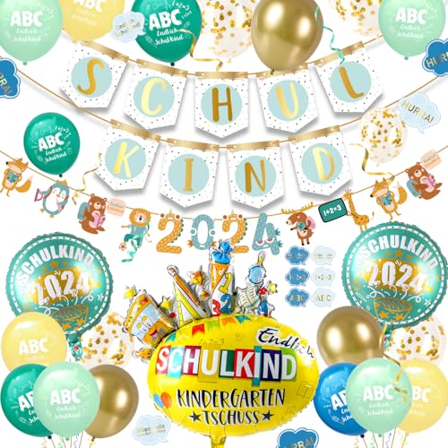 iZoeL SCHULKIND 2024 Deko Einschulung Junge Mädchen,SCHULKIND Girlande + 2024 Tier Girlande + SCHULKIND Folienballon + 15 Luftballon + 16 Konfetti Schulanfang Schuleinführung Deko von iZoeL