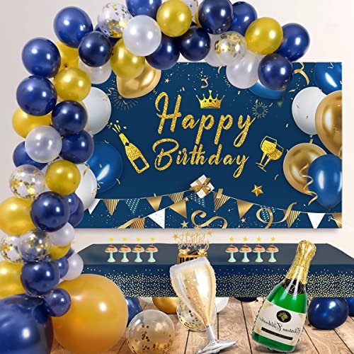 iZoeL Geburtstagsdeko Dunkel Blau Gold Happy Birthday Banner Tischdecke Marineblau Gold Luftballons Girlande Tortendeko Folienballon Geburtstag Dekoration Mann Frau (Blau Gold Geburtstagsdeko Set) von iZoeL