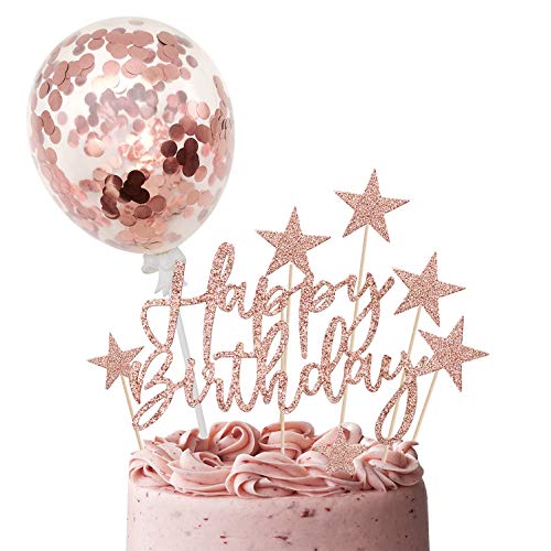 iZoeL Kuchendeko Rosegold Happy Birthday Sterne Topper Konfetti Luftballon Tortendeko Geburtstagsdeko Mädchen Frauen von iZoeL