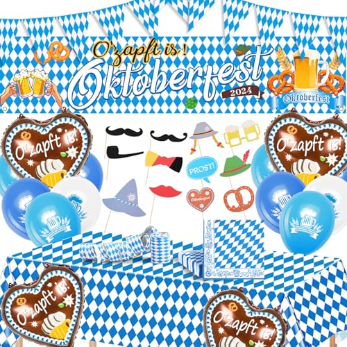 iZoeL XXL Oktoberfest deko, Oktoberfest Banner Bayrische Wimpelkette Tischdecke Servietten O’ZAPFT IS " Herzen Folienballons Bedruckte luftballons Foto Requisiten Set Oktoberfest Bayrische Deko von iZoeL