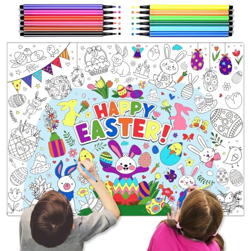 iZoeL Ostern Ausmaltischdecke Papier +12 Farbstifte, Papier Ostertischdecke Ausmalen Papiertischdecke Ostern Basteln Kinder, Osterngeschenke für Kinder Jungen Mädchen von iZoeL