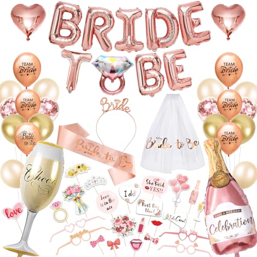 iZoeL Bride to be Deko Rosegold Junggesellenabschied Accessoires Frauen, Bride to be Girlande Schärpe Schleier, JGA Foto-Requisiten,JGA Party Dekoration Luftballon Folienballon von iZoeL