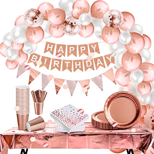 iZoeL Partydeko Set Partygeschirre Happy Birthday Girlande Luftballons Tischdecke Confetti Pappteller Partybecher Servietten für Geburtstag Hochzeit Party (Rosegold) von iZoeL