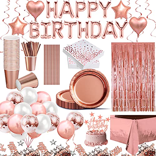 iZoeL Partydeko set ,Partygeschirre Happy Birthday Girlande Sterne Herz Folienballons Luftballons Tischdecke Vorhänge Pappteller Partybecher Servietten（Rosegold） von iZoeL