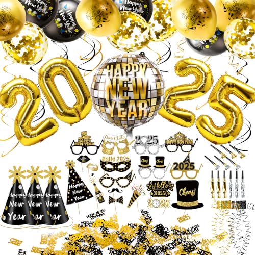 iZoeL Silvester Deko 2025 Party Set Gold Folienballon 2025 Happy New Year Deko Banner Luftballon Silvester Fotorequisiten Partytröten Metalic Luftschlangen Konfetti Spiral Neujahr Partydeko 2023 von iZoeL