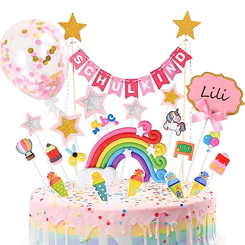 iZoeL Tortendeko Einschulung Mädchen Rosa Schulkind Girlande Schulanfang Kuchendeko Zuckertüte Kuchen Deko ABC 123 Ballon Tortenaufsätze Torten Cupcake Muffin Topper von iZoeL