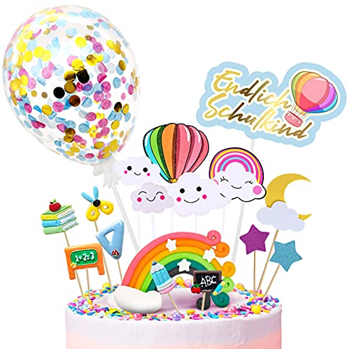 iZoeL Tortendeko Einschulung Schulanfang Kuchen Deko Endlich Schulkind Cake Topper Regenbogen Konfetti Ballon ABC 123 Tortenaufsätze für Mädchen Junge von iZoeL