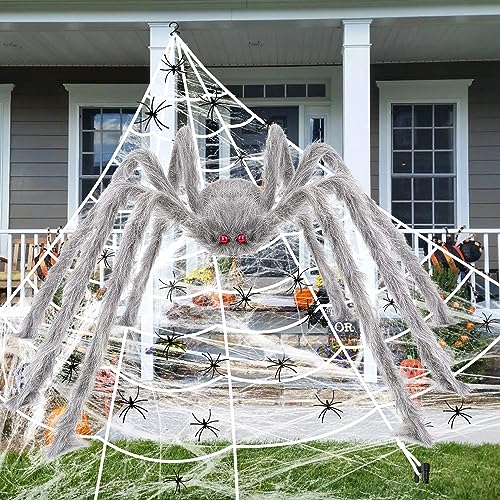 iZoeL XXL Halloween Deko 700cm Riesige Spinnennetz+ 200cm Graue Spinne +Spinnweben+ 30 Mini Spinne, Halloween Garten Deko Außendekoration Riesenspinne(Braun) von iZoeL