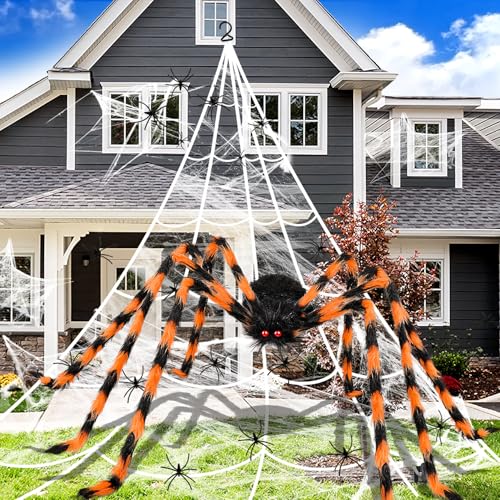 iZoeL XXL Halloween Deko 700cm Riesige Spinnennetz + 200cm Spinne + Spinnweben + 30 Mini Spinne, Halloween Garten Deko Outdoor Deko Gruseliges Außendekoration Riesenspinne orange von iZoeL