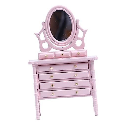 ibasenice Simulations-Make-up-Tisch Puppenhaus Kommode Tür winziges Mini-Häuser klein Dekoration Schlafzimmer Bedroom Decor Hausmöbel Mini-Schminktisch aus Holz hölzern Rosa von ibasenice